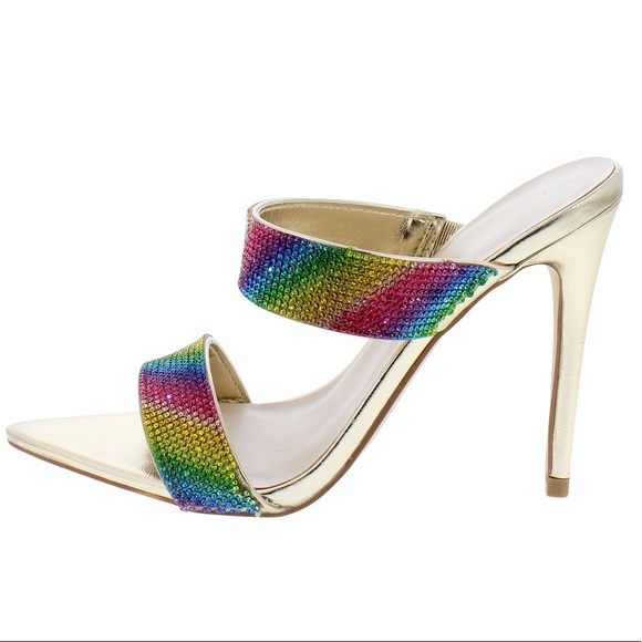Gold Metallic Rainbow Crystal Embellished Pointed Toe  Sandals - Picture 2 of 3